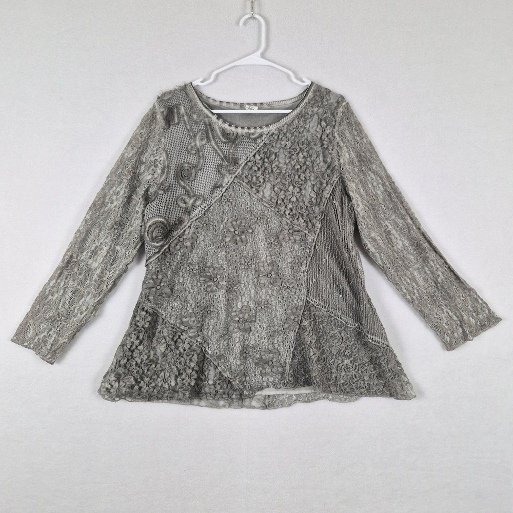 This & That Gray XL Asymmetric Patchwork Lace Tunic Top Whimsy Boho Blouse Fairy